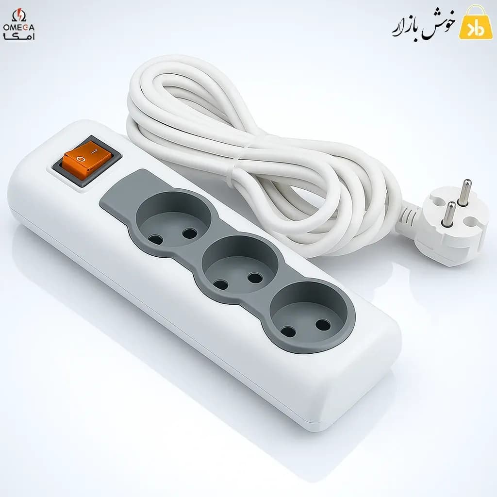 رابط برق 3 خانه بدون ارت امگا مدل R3000 با کابل 5 متری