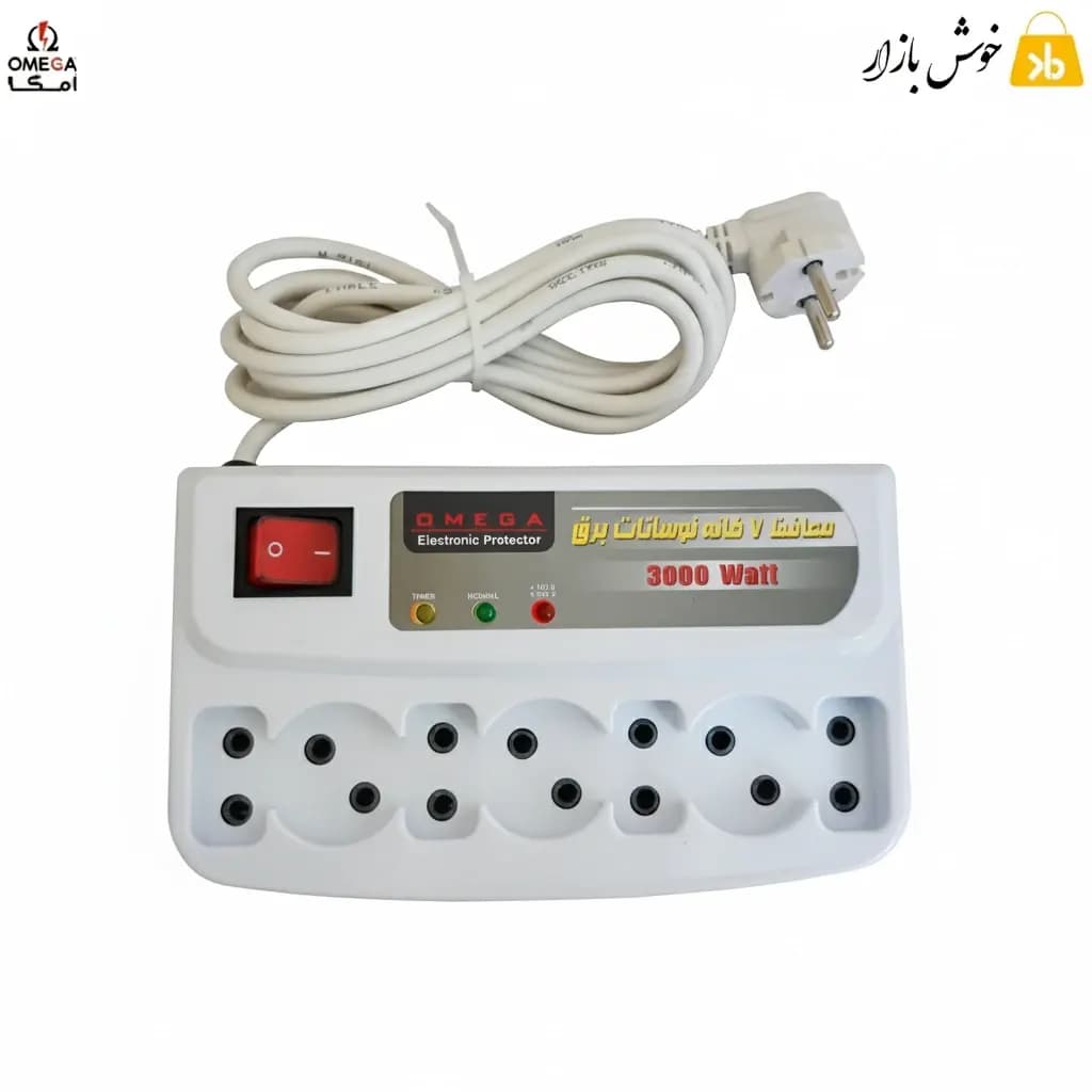محافظ برق امگا ۷ خانه بدون ارت با کابل ۱.۵ متری – مناسب سیستم‌های صوتی، تصویری و CCTV — تصویر ۳