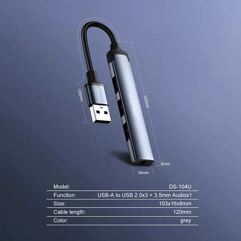 هاب چهار پورت USB و مبدل 3.5mm Jack الدینیو مدل DS-104U — تصویر ۹