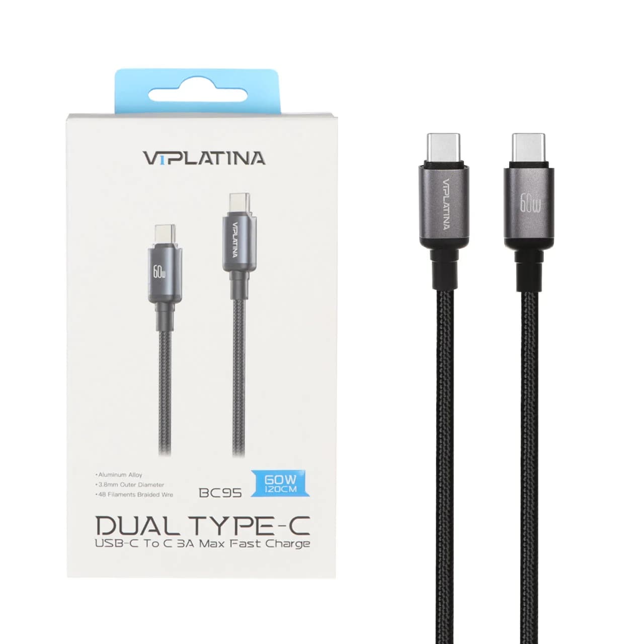 کابل شارژ فست 1.2 متری VIPLATINA Type-C To Type-C مدل BC95 60W – مشکی (گارانتی 12 ماه تعویض نیکان همراه)