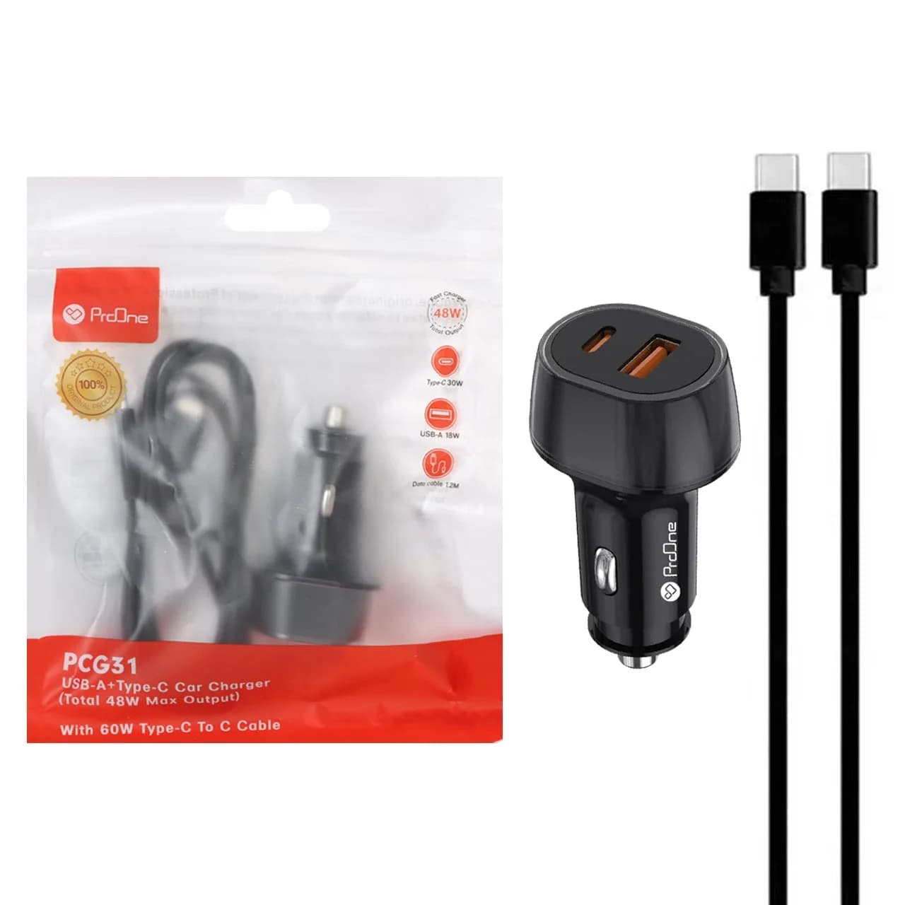 شارژر فندکی فست دو پورت ProOne مدل PCG31 48w به همراه کابل شارژ Type-C To Type-C – مشکی