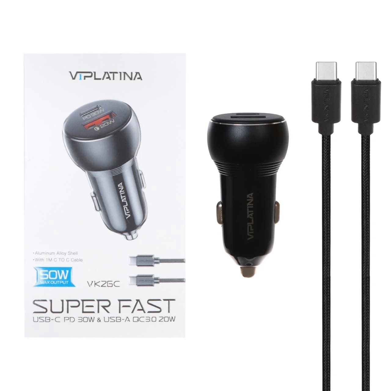 شارژر فندکی PD و فست دو پورت VIPLATINA مدل VK26C 50W به همراه کابل شارژ Type-C To Type-C – مشکی (گارانتی 12 ماه تعویض نیکان همراه)
