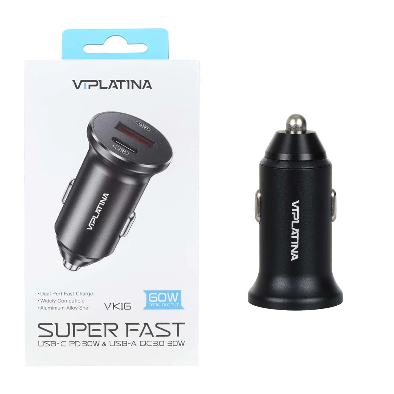 شارژر فندکی فست و PD دو پورت VIPLATINA مدل VK16 60W – مشکی (گارانتی 12 ماه تعویض نیکان همراه)