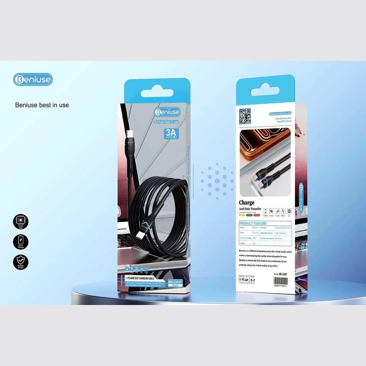 کابل شارژ PD و فست Beniuse Type-C To Type-C مدل BE-CA11 60W – مشکی — تصویر ۹
