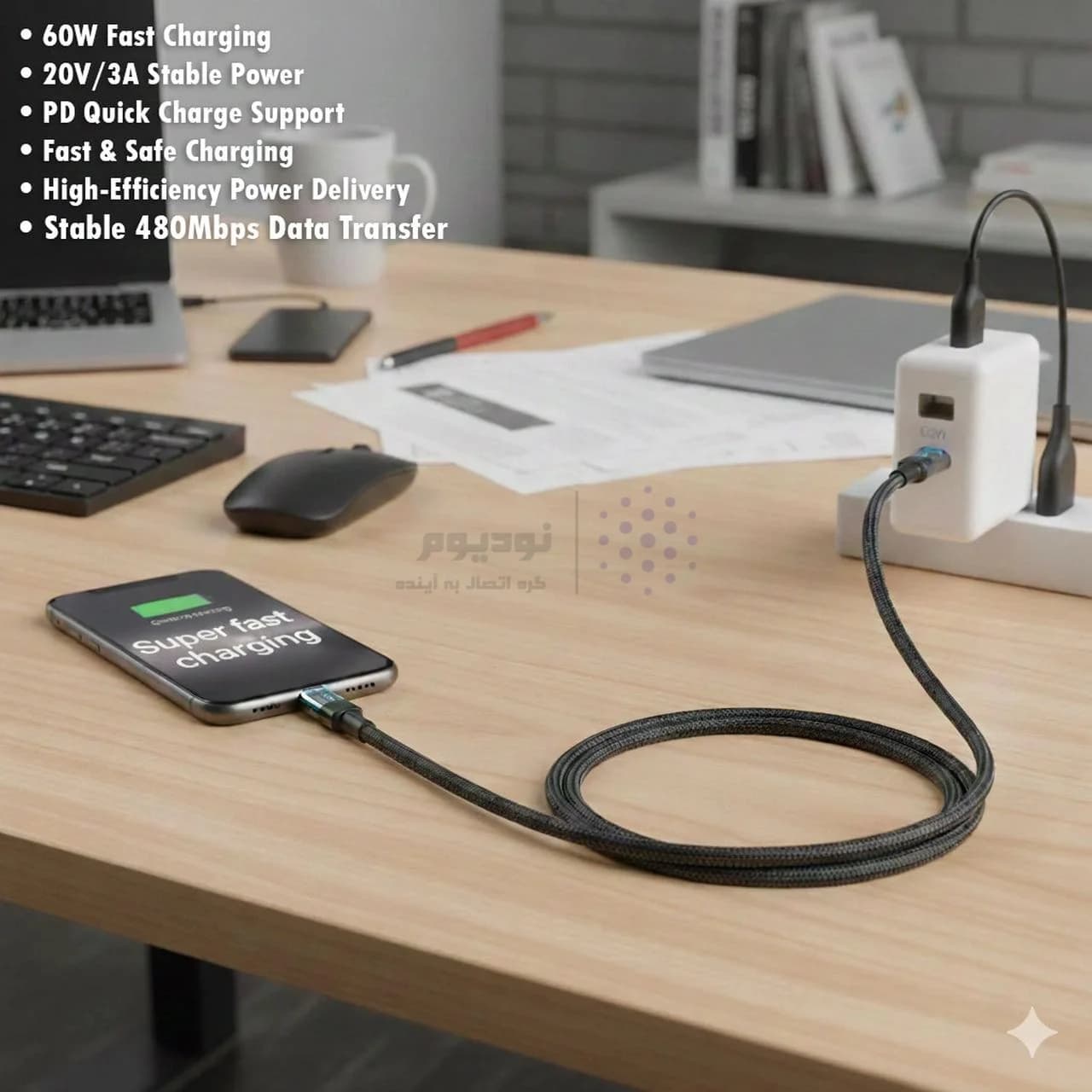 کابل شارژ PD و فست Beniuse Type-C To Type-C مدل BE-CA09 60W – مشکی — تصویر ۵