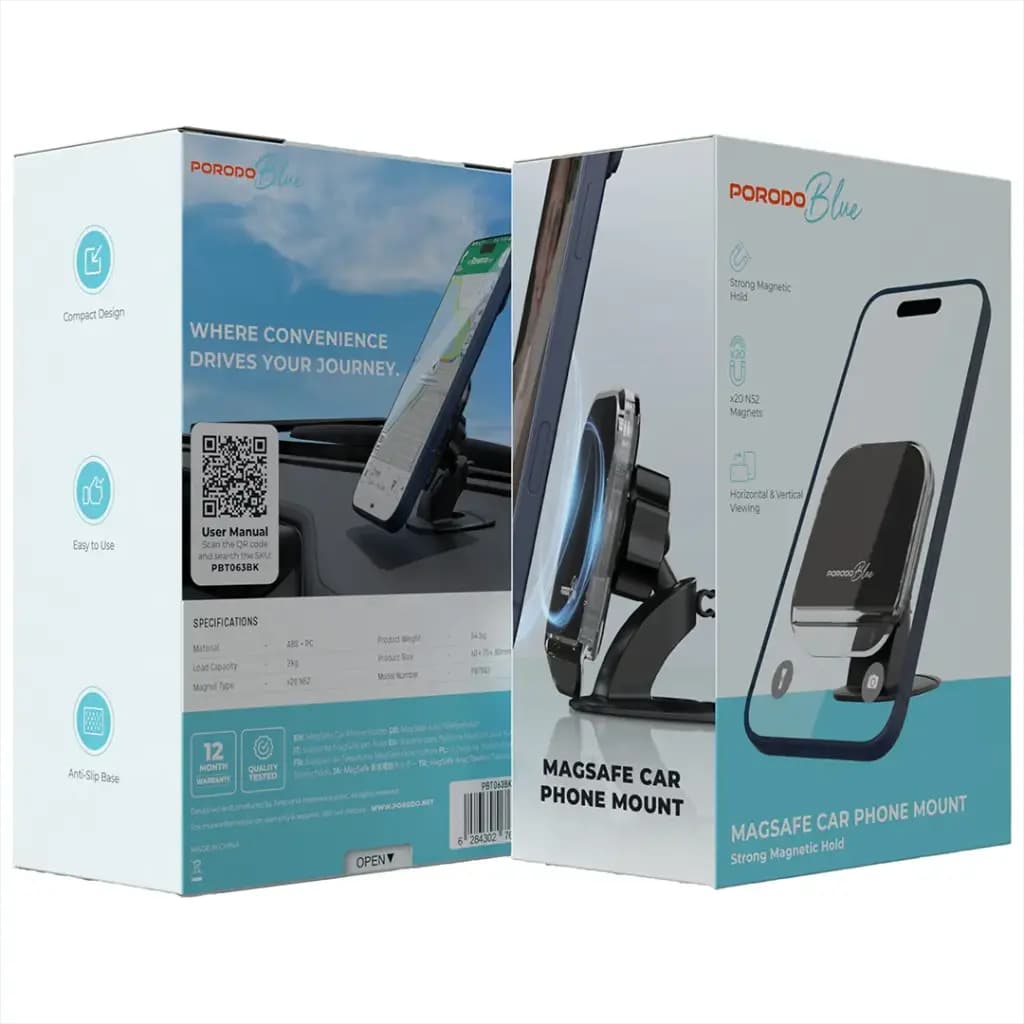 پایه نگهدارنده مغناطیسی گوشی مگ‌سیف پرودو بلک مدل Porodo Blue MagSafe Car Phone Mount with Strong Magnetic Hold – Black — تصویر ۳