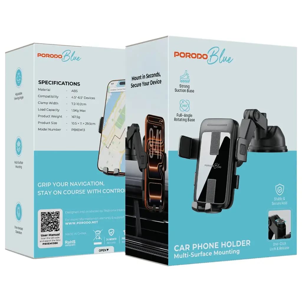 پایه نگهدارنده گوشی پرودو بلک مدل Porodo Blue Car Phone Holder Multi-Surface Mounting – Black — تصویر ۳