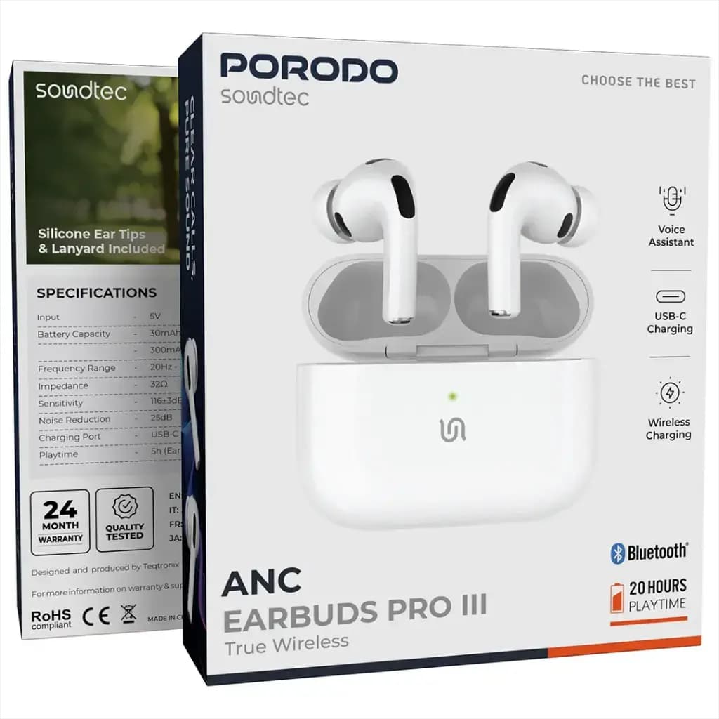 هندزفری بی‌سیم پرودو لايف استايل مدل Porodo Soundtec ANC True Wireless Earbuds Pro III – White — تصویر ۵