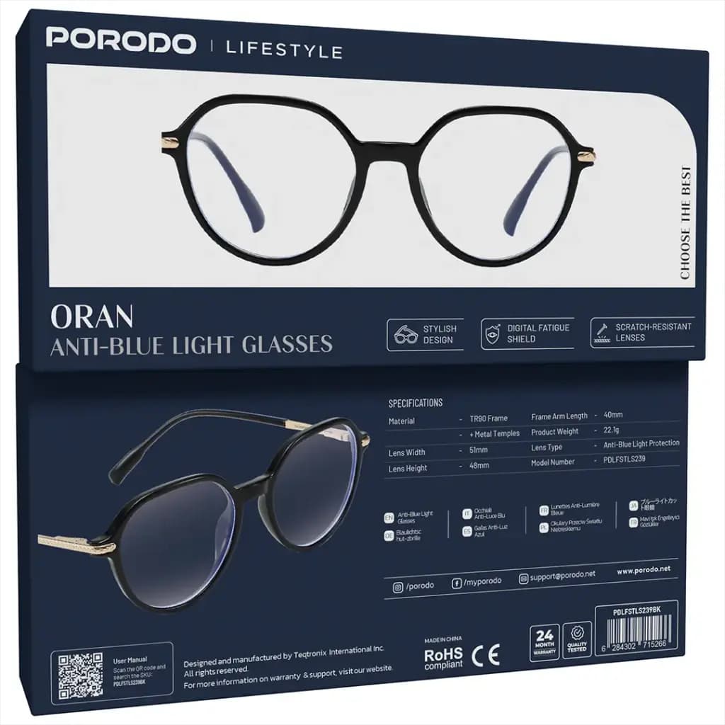 عینک ضد نور آبی پرودو لايف استايل مدل Porodo Lifestyle Oran Anti-Blue Light Glasses – Black — تصویر ۱۲