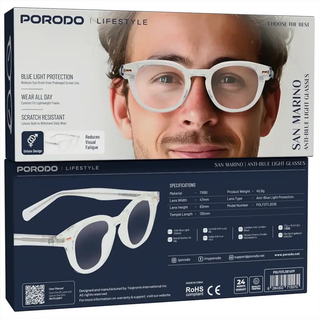 عینک ضد نور آبی پرودو لايف استايل مدل Porodo Lifestyle San Marino Anti-Blue Light Glasses – Transparent — تصویر ۷