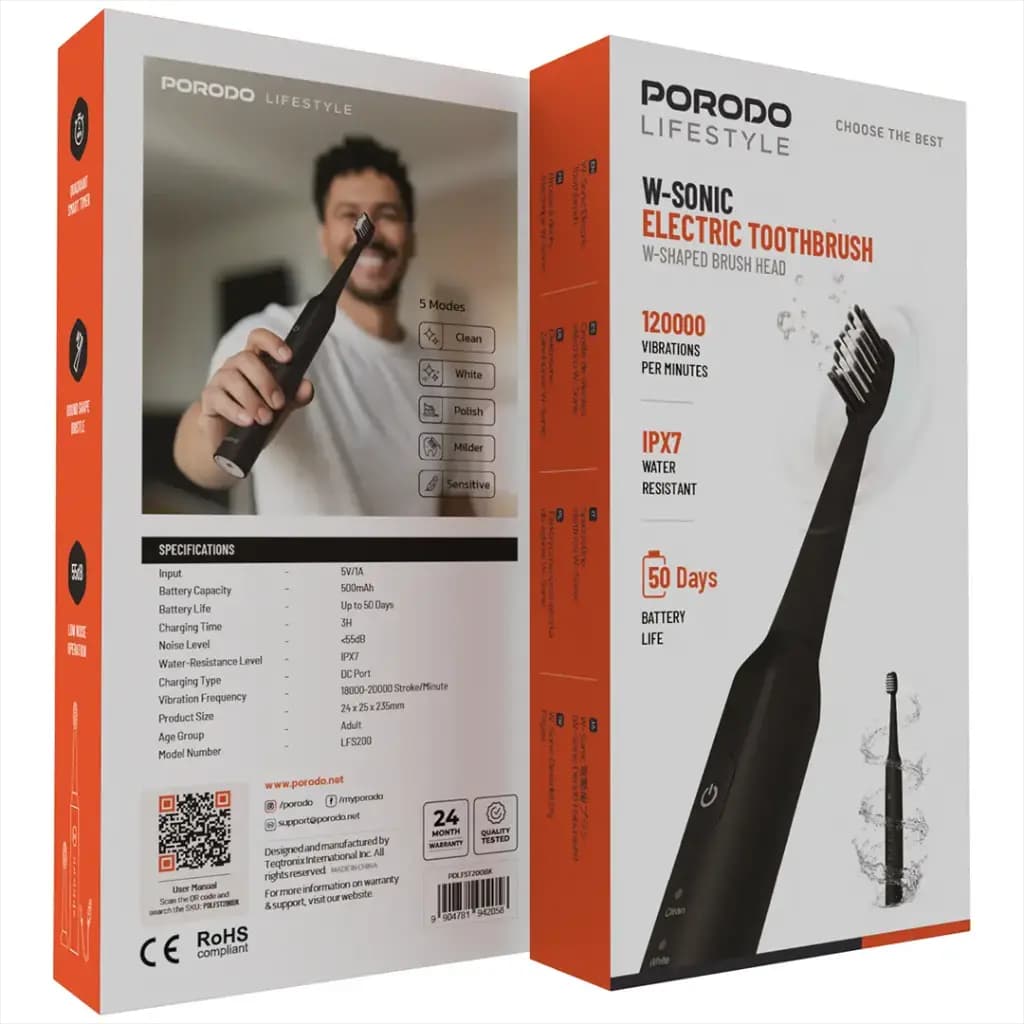مسواک برقی پرودو لايف استايل مدل Porodo Lifestyle W-Sonic Electric Toothbrush W-Shaped Brush Head – Black — تصویر ۹