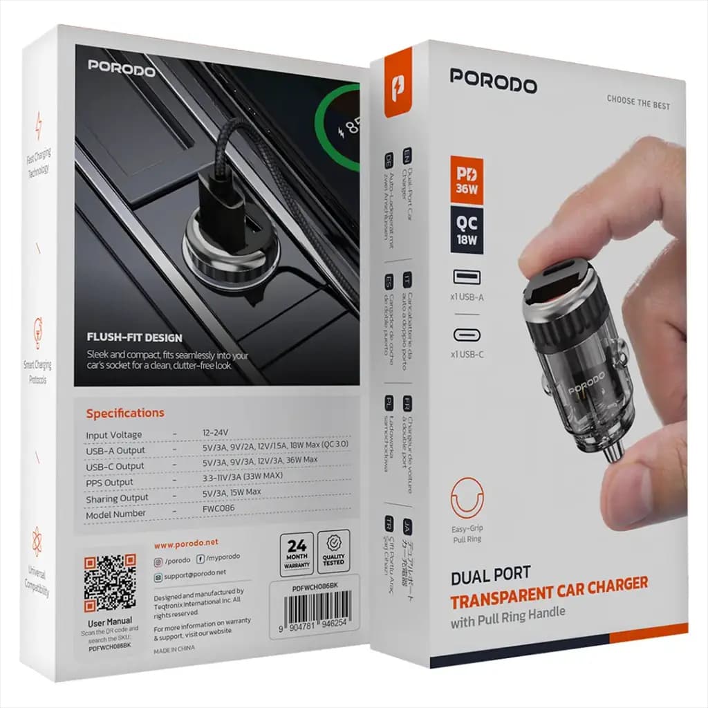 شارژر فندکی شفاف دو پورت پرودو مدل Porodo Dual Port Transparent Car Charger with Pull-Ring Handle – Black — تصویر ۶