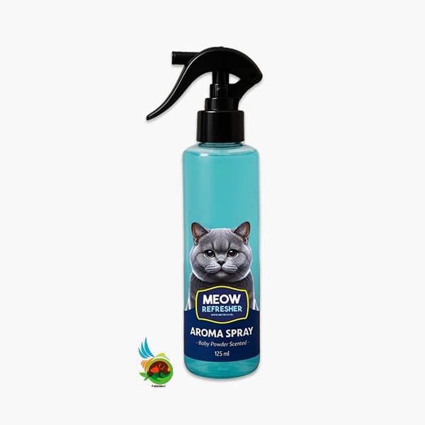 اسپری خوشبو کننده ضد حساسیت خاک گربه میوکت رایحه پودر بچه Aroma Spray Baby Powder Scented وزن 125 میلی لیتر