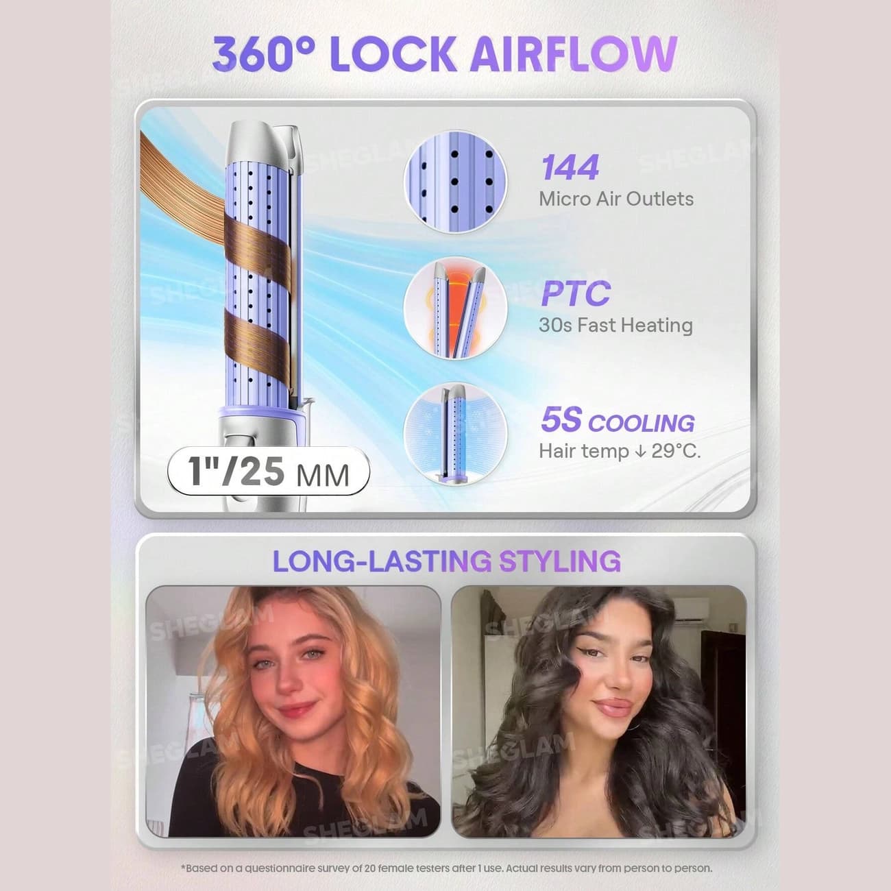 حالت دهنده مو شیگلم SHEGLAM اصل مدل Cool Lock Airflow سه کاره سایز 25mm — تصویر ۶