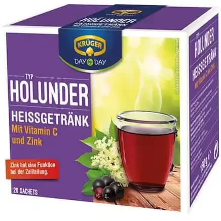 پودر نوشیدنی کروگر با طعم گل توت سیاه حاوی ویتامین C و زینک 20 عددی KRUGER DAY BY DAY Typ Holunder Heissgetränk mit Vitamin C und Zink — تصویر ۳