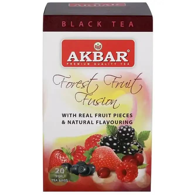 دمنوش کیسه ای اکبر چای سیاه با طعم میوه های استوایی 20 عددی Akbar Forest Fruit Fusion Flavoured Black Tea