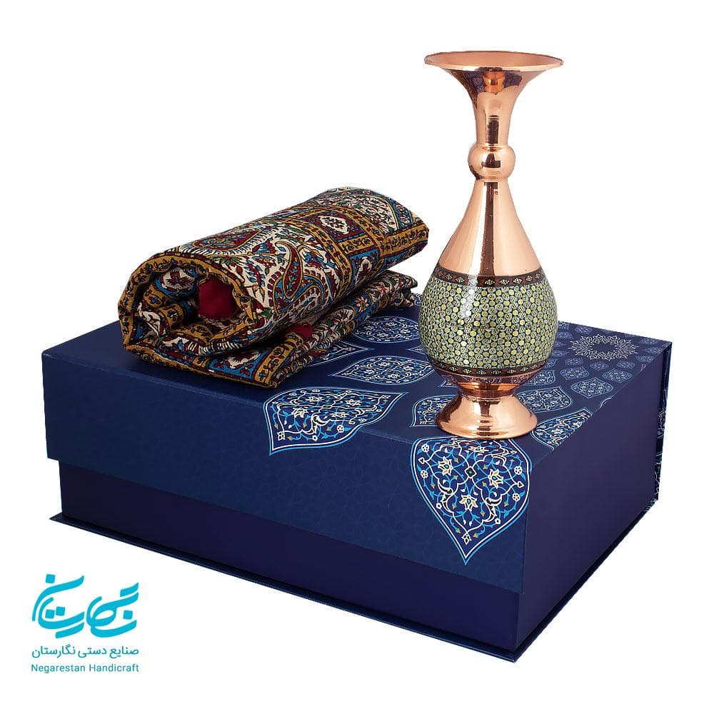 گلدان مس و خاتم و رومیزی قلمکار نفیس با جعبه هاردباکس
