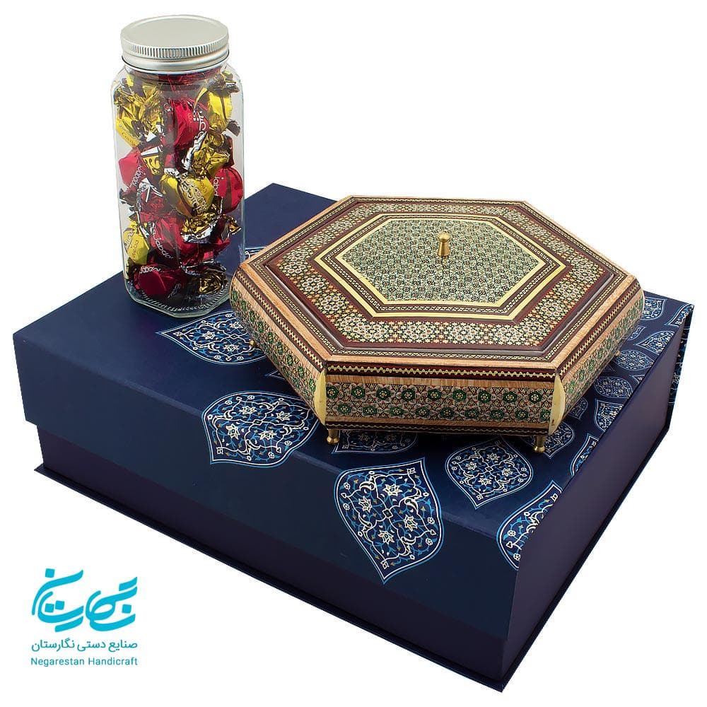 شکلات خوری خاتم کاری 6 ضلعی همراه با شکلات و جعبه هاردباکس
