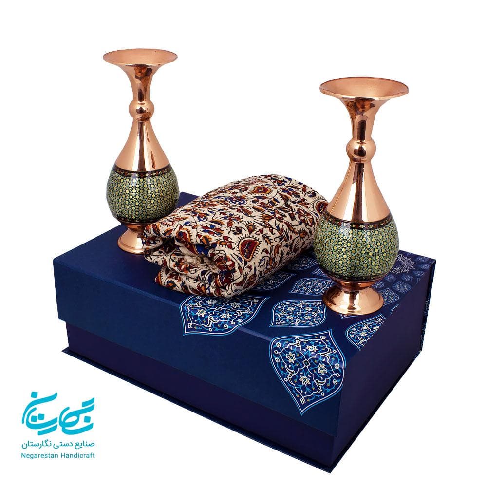گلدان جفتی مس و خاتم و رومیزی قلمکار با جعبه هاردباکس