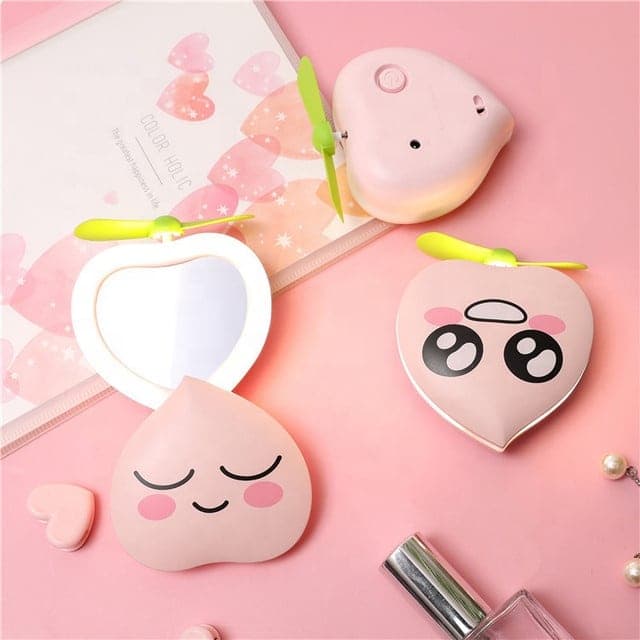 آینه فن دار و چراغ دار شارژی مدل هلو ( رینگ لایت ) Peach Mini Fan With Makeup Mirror LED