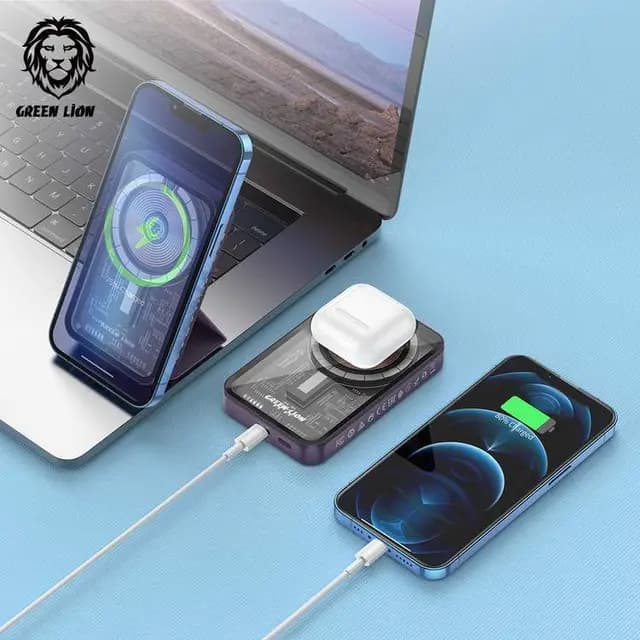 پاوربانک شفاف 3 در 1 گرین لاین مدل GREEN LION GN3TRAPB5 POWER 5000MAH MAGSAFE — تصویر ۱۰