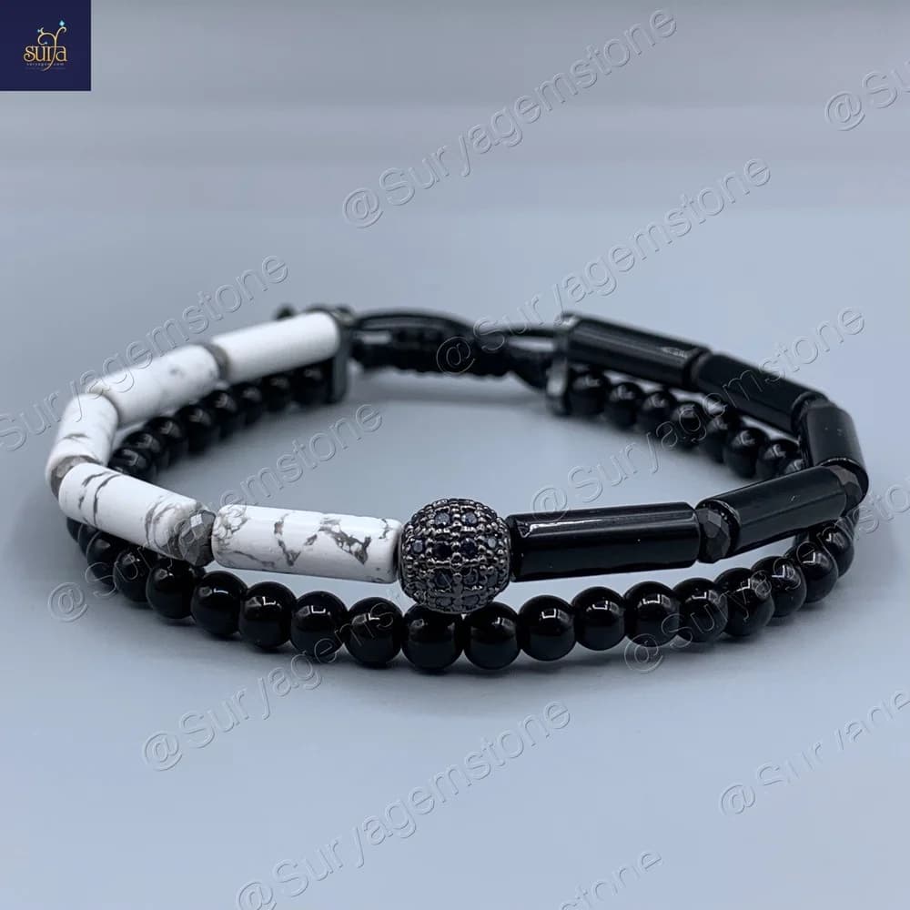 دستبند مردانه سنگ هولیت اصل و معدنی ، عقیق ، حدید ، اونیکس ، سنگی دست ساز Dual Harmony