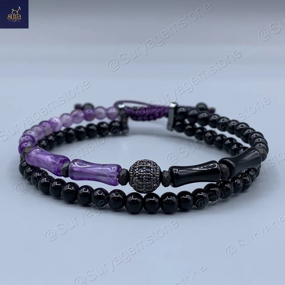 دستبند مردانه آمیتیست اصل و طبیعی ، سنگ عقیق ، اونیکس و حدید ، سنگی دست ساز Bamboo Amethyst