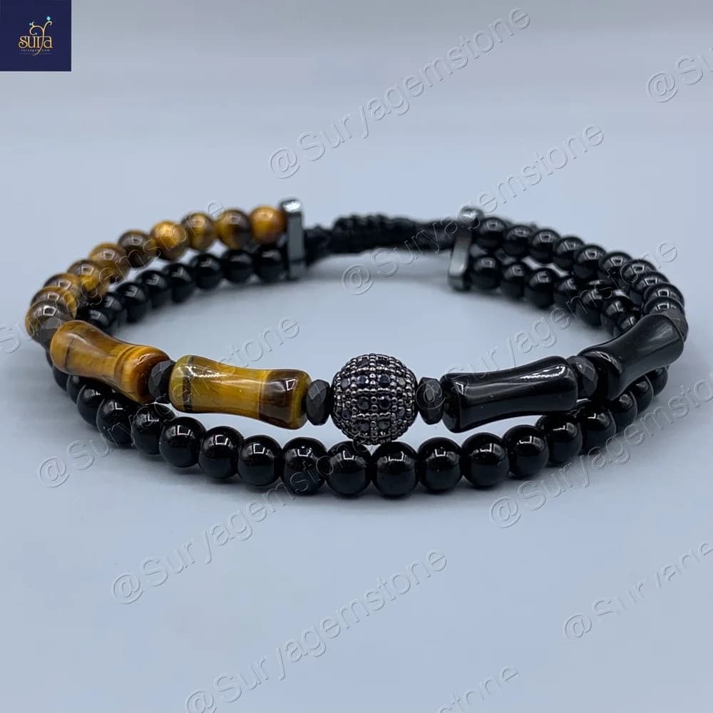 دستبند سنگی مردانه ، سنگ چشم ببر اصل و معدنی ، عقیق ، اونیکس و حدید Bamboo Tiger 1