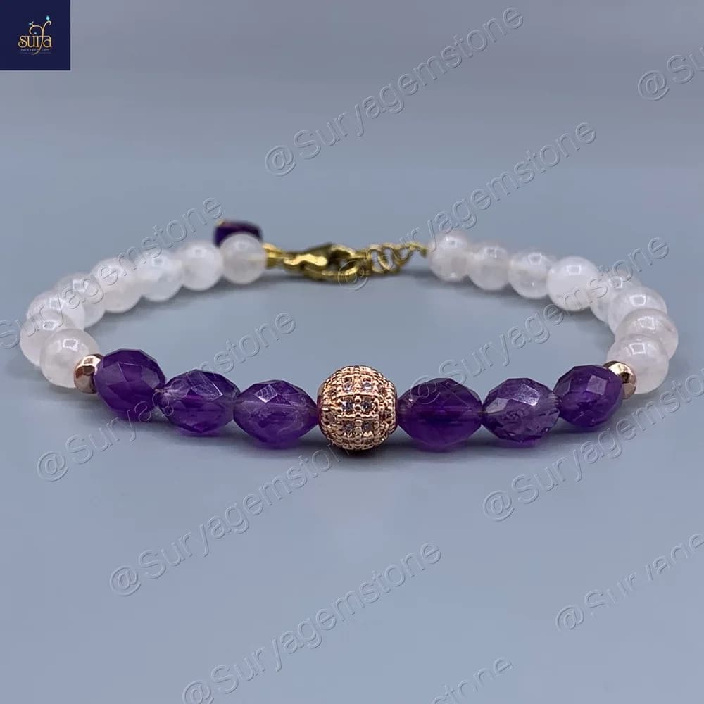 دستبند زنانه سنگی ، سنگ رز کوارتز اصل و معدنی و آمیتیست Amethyst Kiss