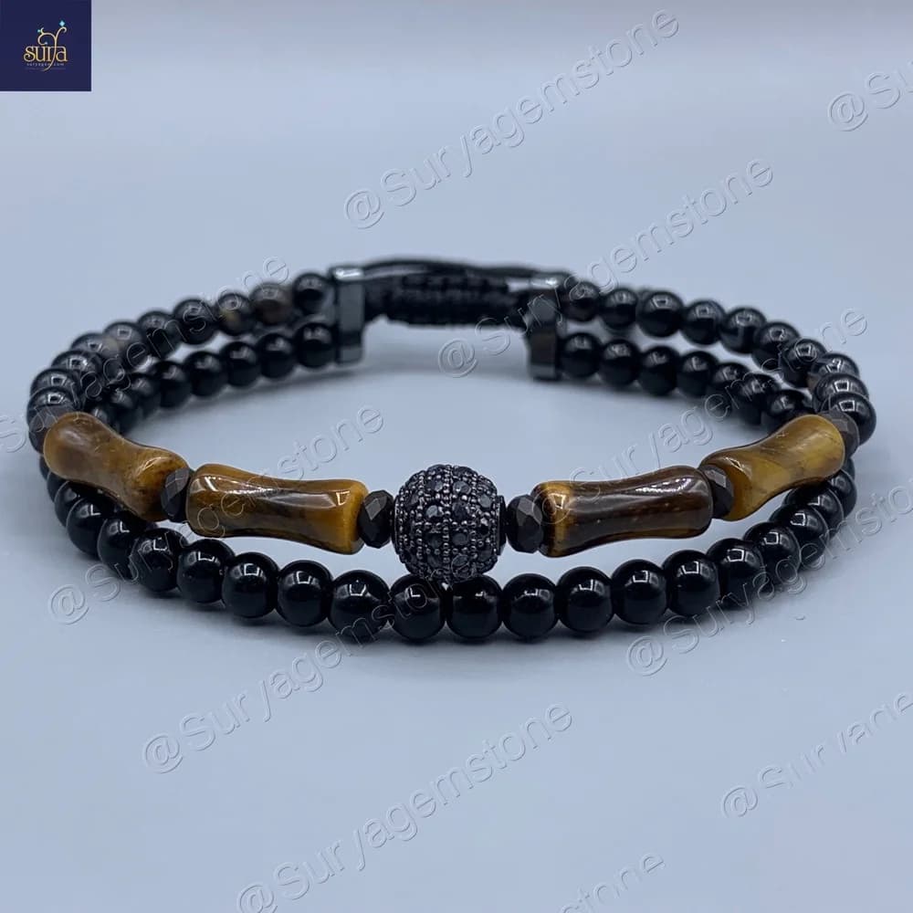 دستبند مردانه سنگ چشم ببر اصل و معدنی ، اونیکس ، عقیق و حدید ، سنگی دست ساز Bamboo Tiger