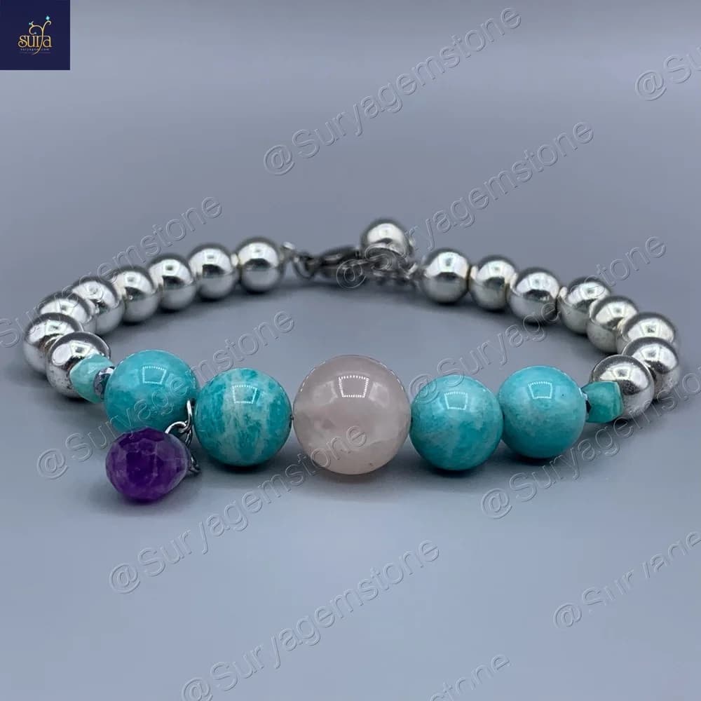 دستبند دخترانه سنگ آمیتیست اصل و معدنی ، آمازونیت ، حدید و رز کوارتز ، سنگی دست ساز Spring Style 2