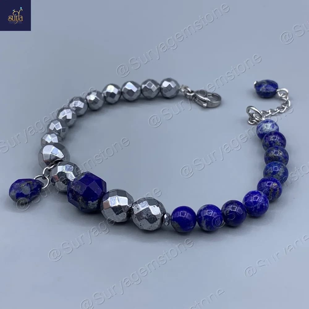 دستبند سنگی زنانه ، سنگ لاجورد اصل و معدنی و حدید Lapis Sky