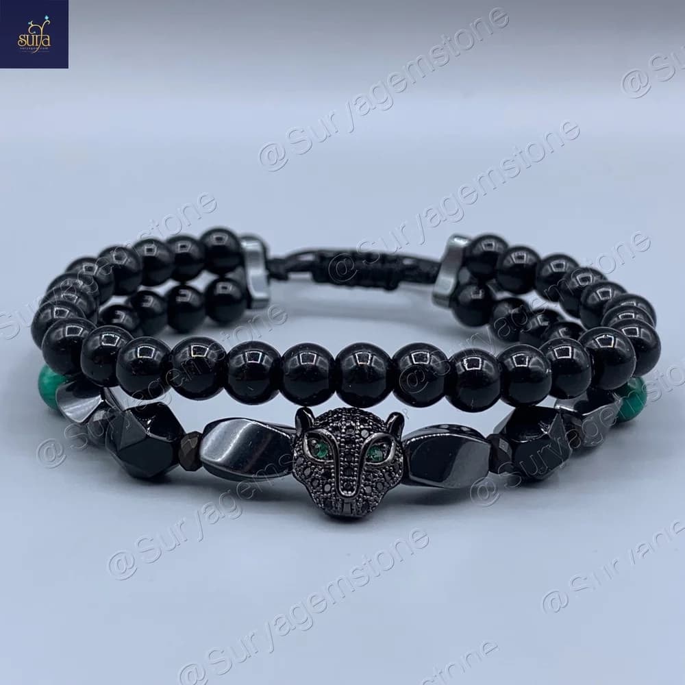 دستبند مردانه سنگی چشم ببر اصل و معدنی و سنگ اونیکس و حديد Black Panther