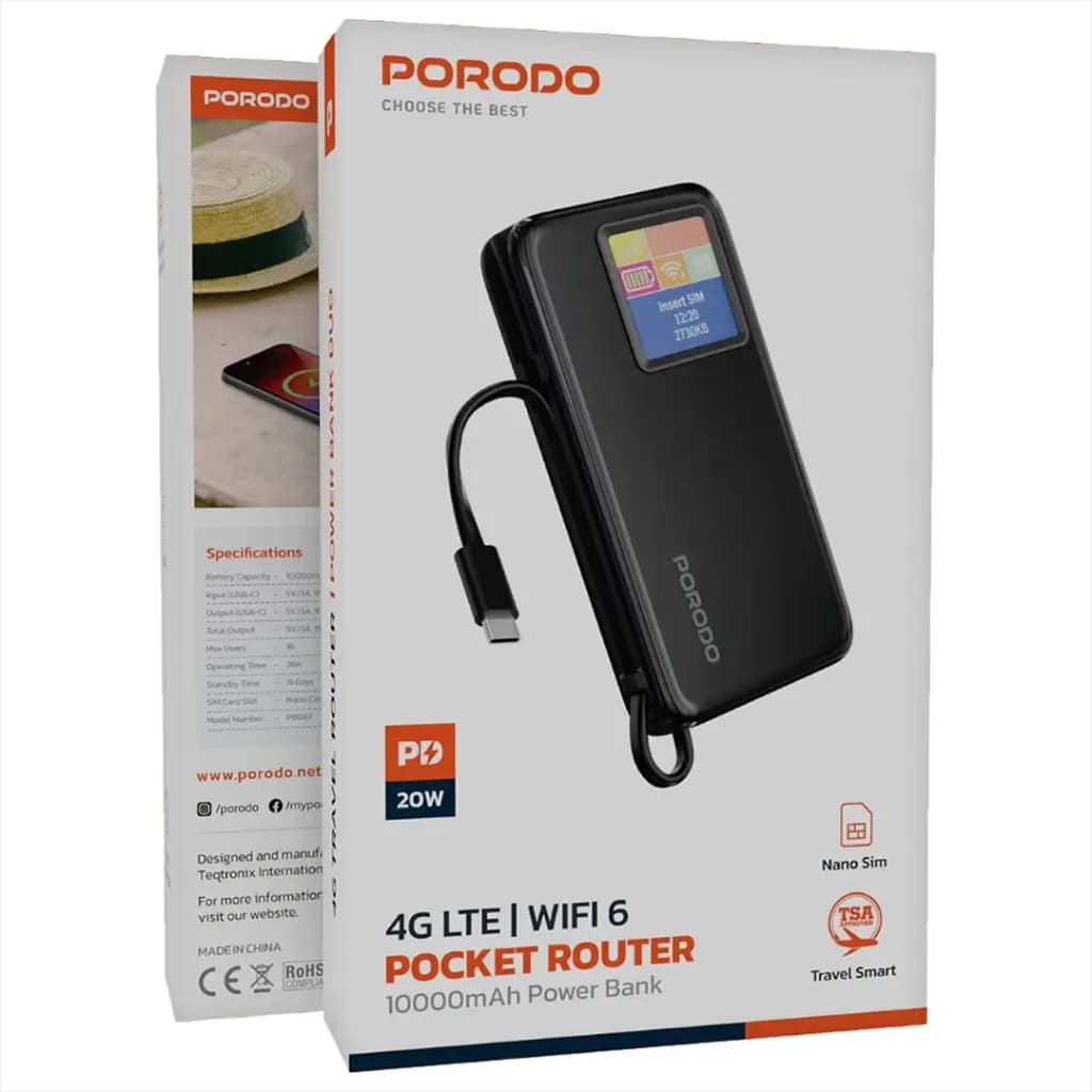 مودم همراه و پاوربانک ۴G پرودو مدل Pocket Router با وایفای ۶ و ظرفیت ۱۰۰۰۰ میلیآمپر ساعت (PDPBFCH087BK)