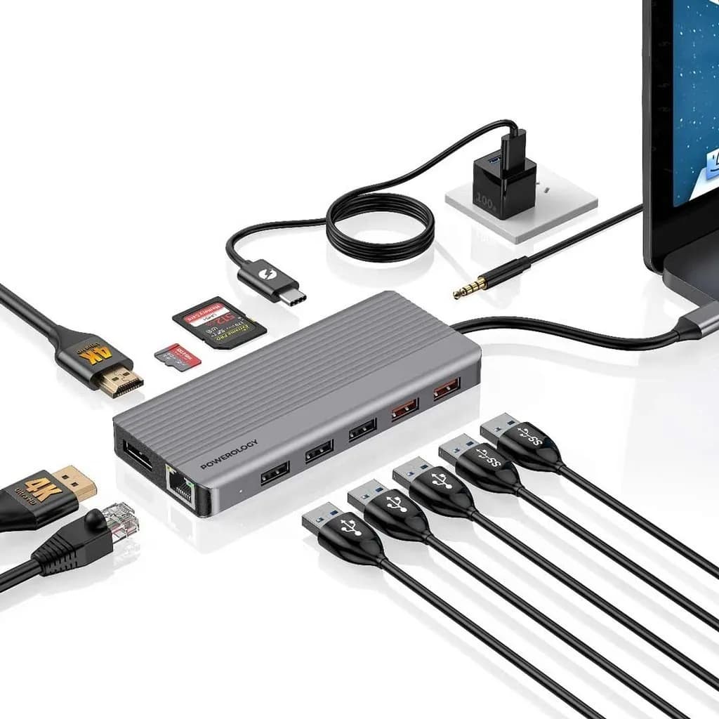 هاب تایپ سی پاوراولوژی مدل 13-in-1 Dual HDMI &amp; DisplayPort USB-C HUB Ethernet (P131HBCGY) — تصویر ۹