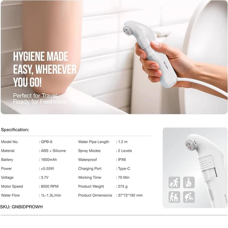 خودشور شلنگی سفری بیده گرین لاین Bidet Pro شارژی با شلنگ 1.2 متری — تصویر ۹