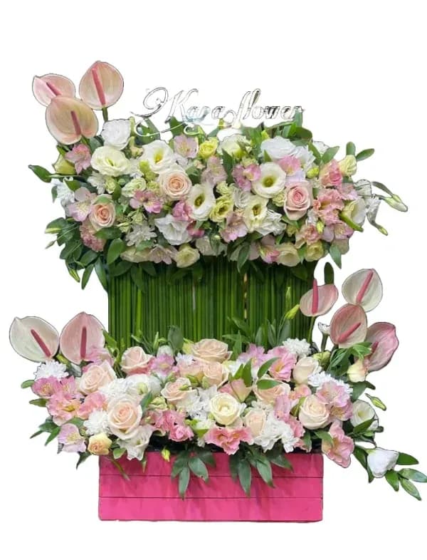 باکس گل دو طبقه چوبی صورتی b-139 – فروشگاه گل کارا | Kara Flower