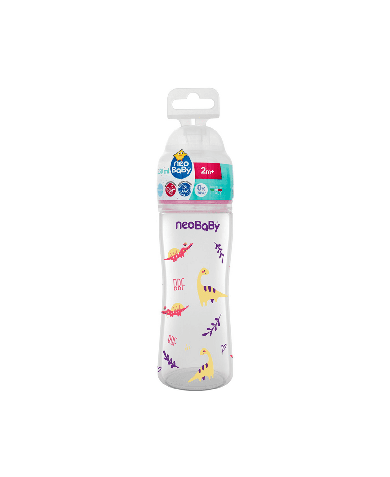 شیشه شیر ضدنفخ و آنتی کولیک 250میل نئوبیبی ایتالیا +2ماه دایناسور صورتی new baby