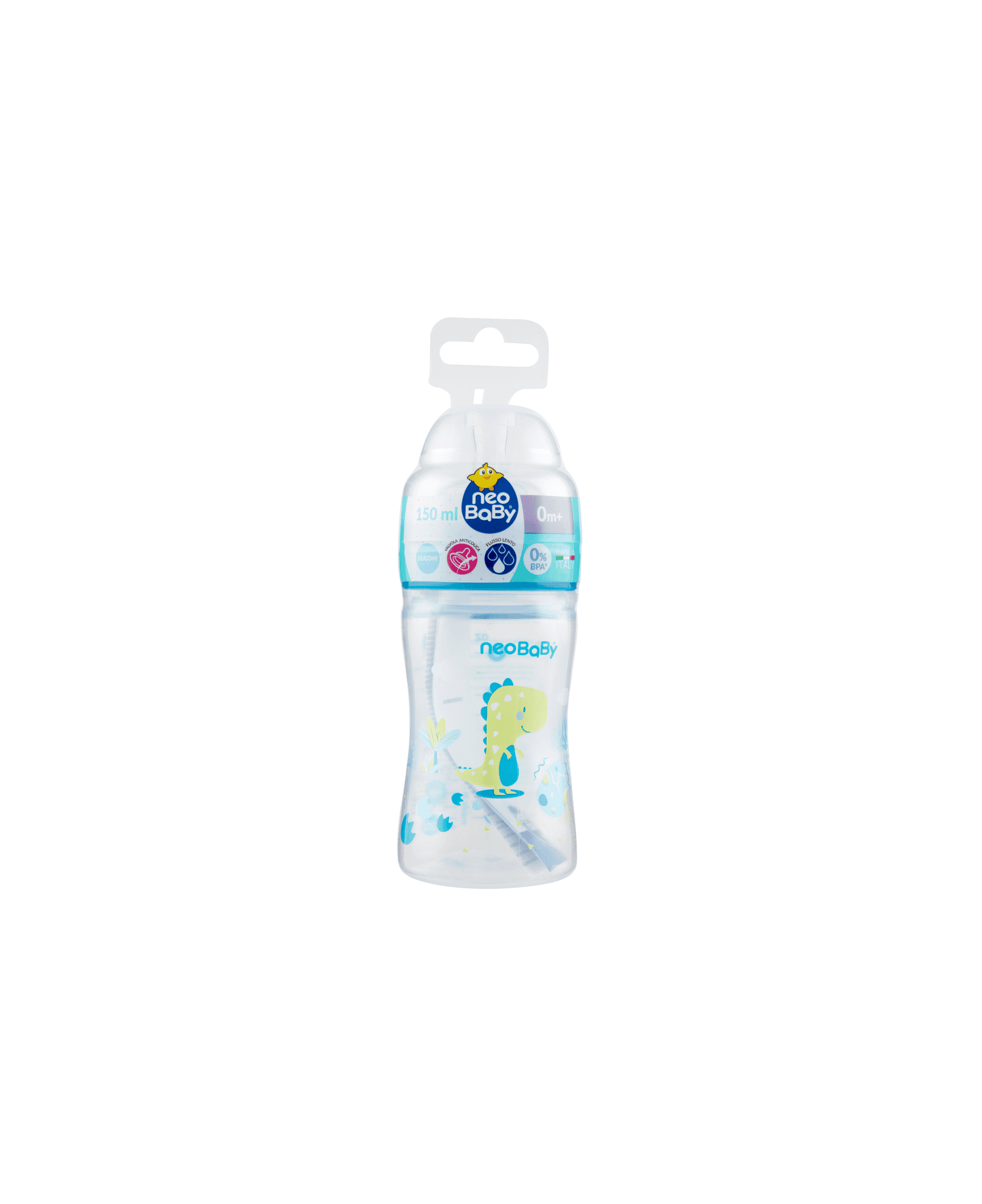 شیشه شیر ضدنفخ و آنتی کولیک 150میل نئوبیبی ایتالیا +0ماه دایناسور سبز new baby