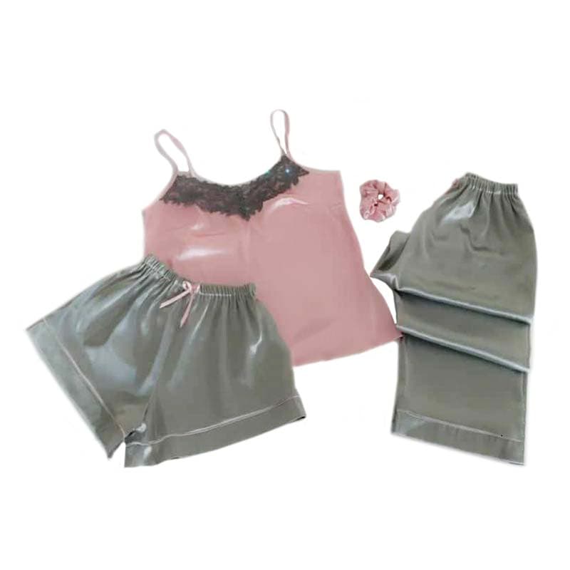 لباس خواب زنانه ساتن 4 تکه نقره ای-صورتی (تاپ-شلوارک-شلوار-کش مو)