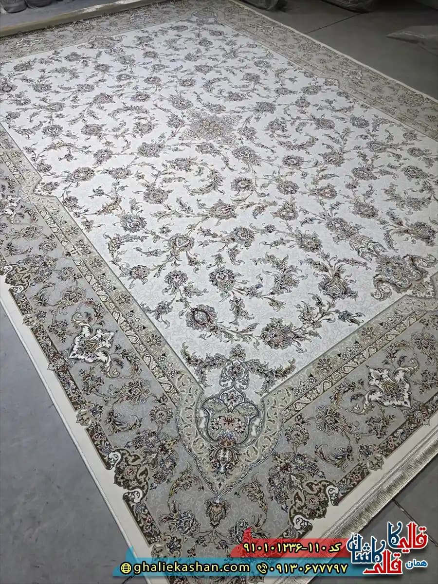 فرش کلاسیک 1200 شانه طرح افشان سودابه رنگ کرم کاشان — تصویر ۳