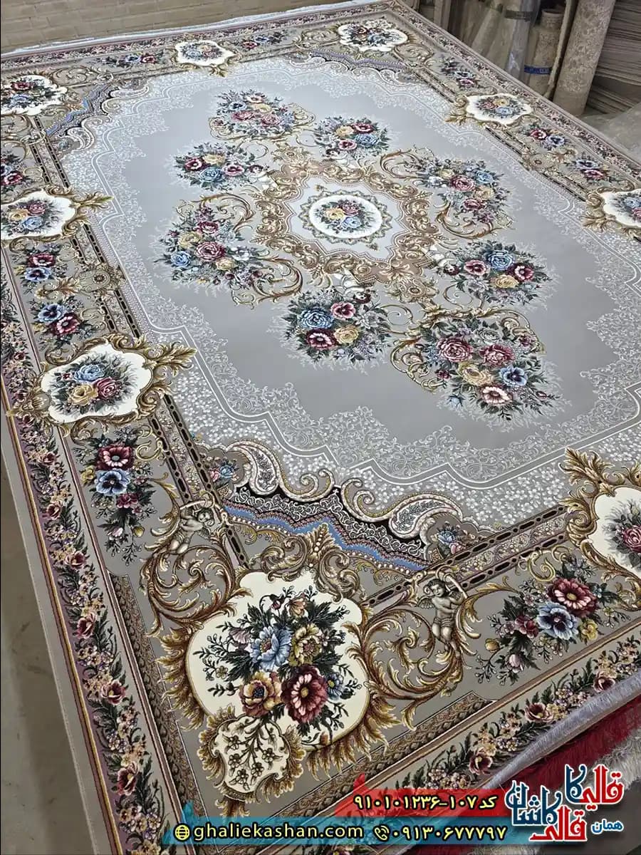 فرش ‌کلاسیک ‌1200 ‌شانه ‌فرانسوی ‌طرح ‌ملودی ‌رنگ ‌طوسی ‌نقره ‌ای ‌کاشان — تصویر ۵