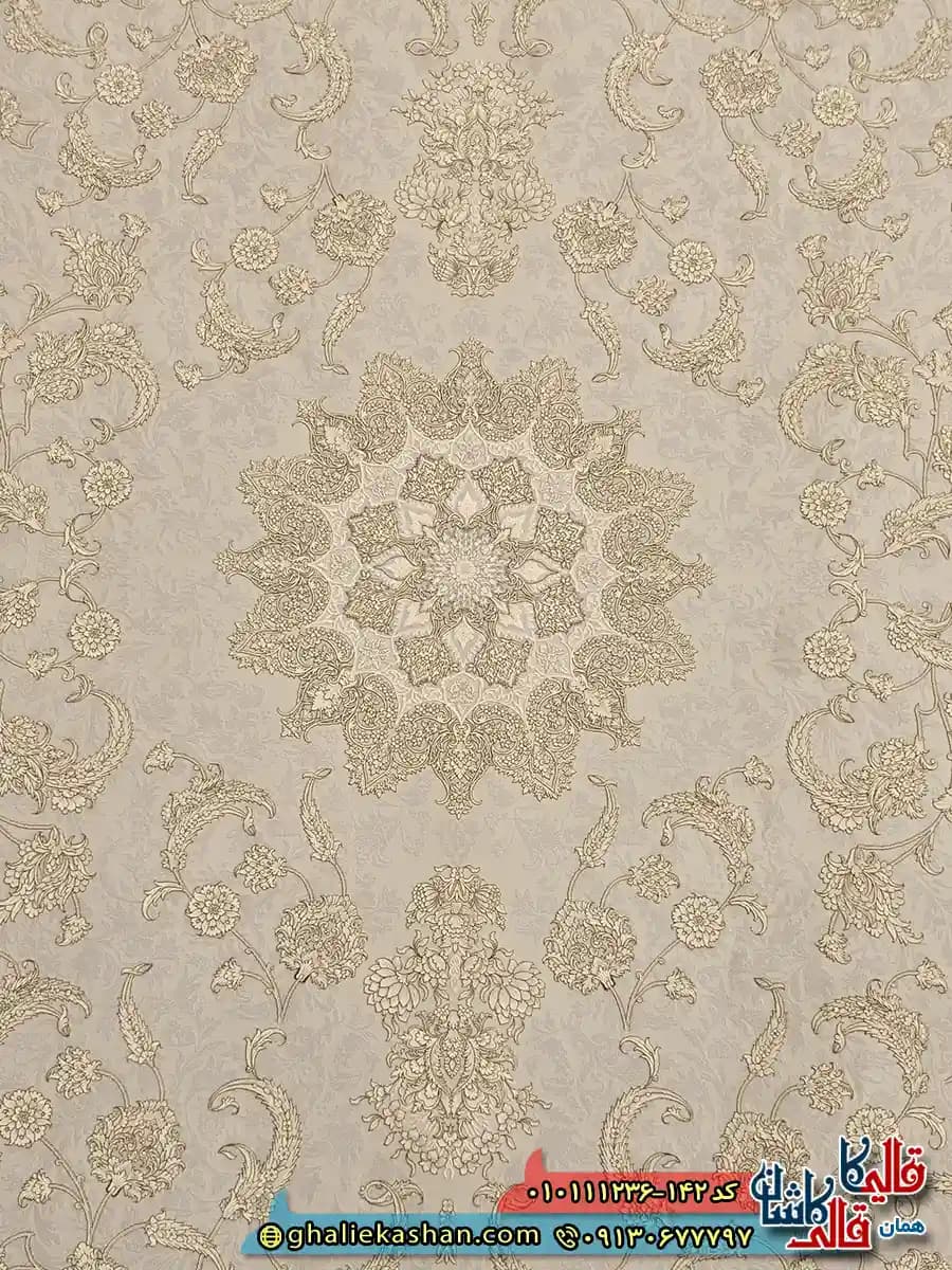 فرش ‌1200 ‌شانه ‌طرح ‌پالاسیون ‌زمینه ‌طوسی ‌نقره ‌ای ‌عاجی ‌گل ‌برجسته ‌کاشان ‌ — تصویر ۱۲