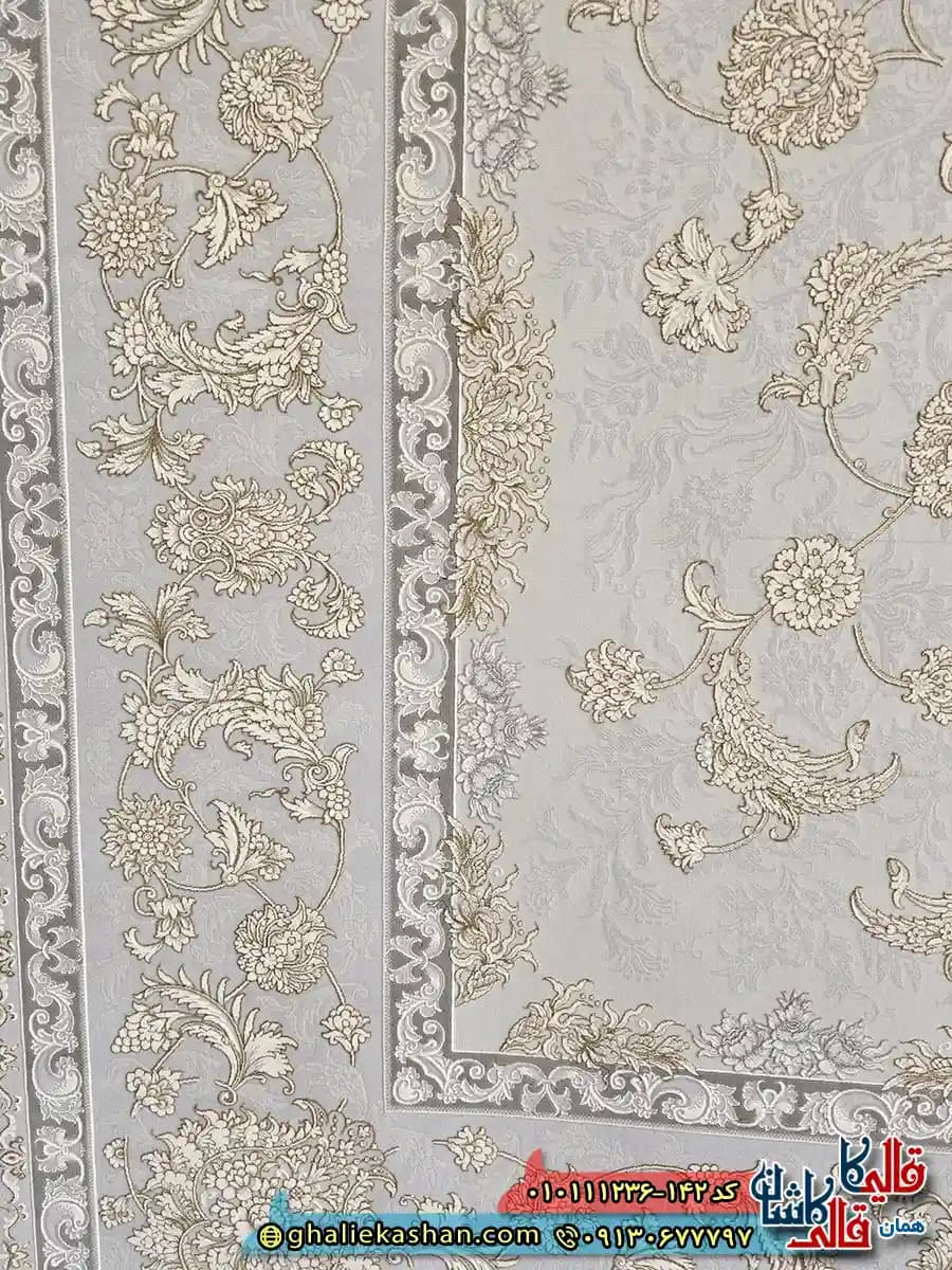 فرش ‌1200 ‌شانه ‌طرح ‌پالاسیون ‌زمینه ‌طوسی ‌نقره ‌ای ‌عاجی ‌گل ‌برجسته ‌کاشان ‌ — تصویر ۶