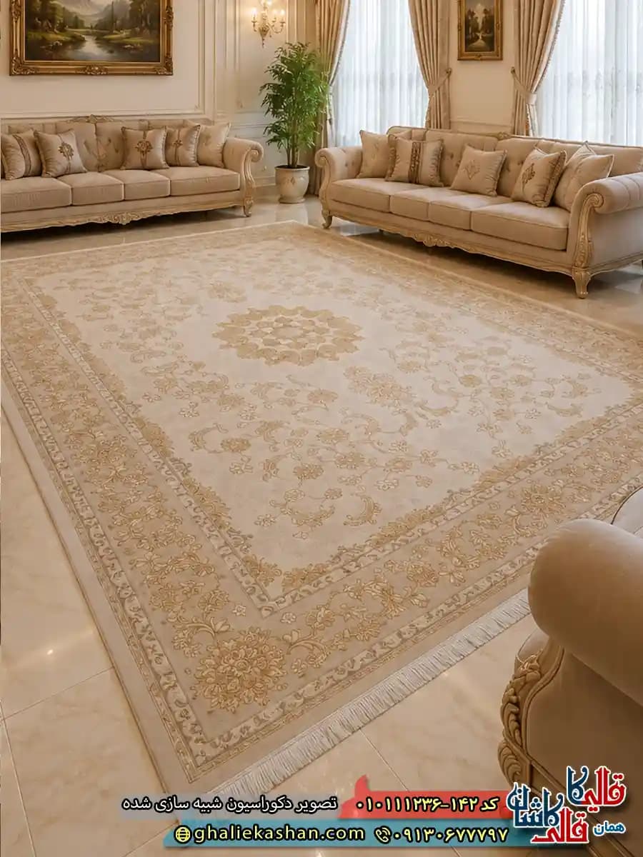 فرش ‌1200 ‌شانه ‌طرح ‌پالاسیون ‌زمینه ‌طوسی ‌نقره ‌ای ‌عاجی ‌گل ‌برجسته ‌کاشان ‌