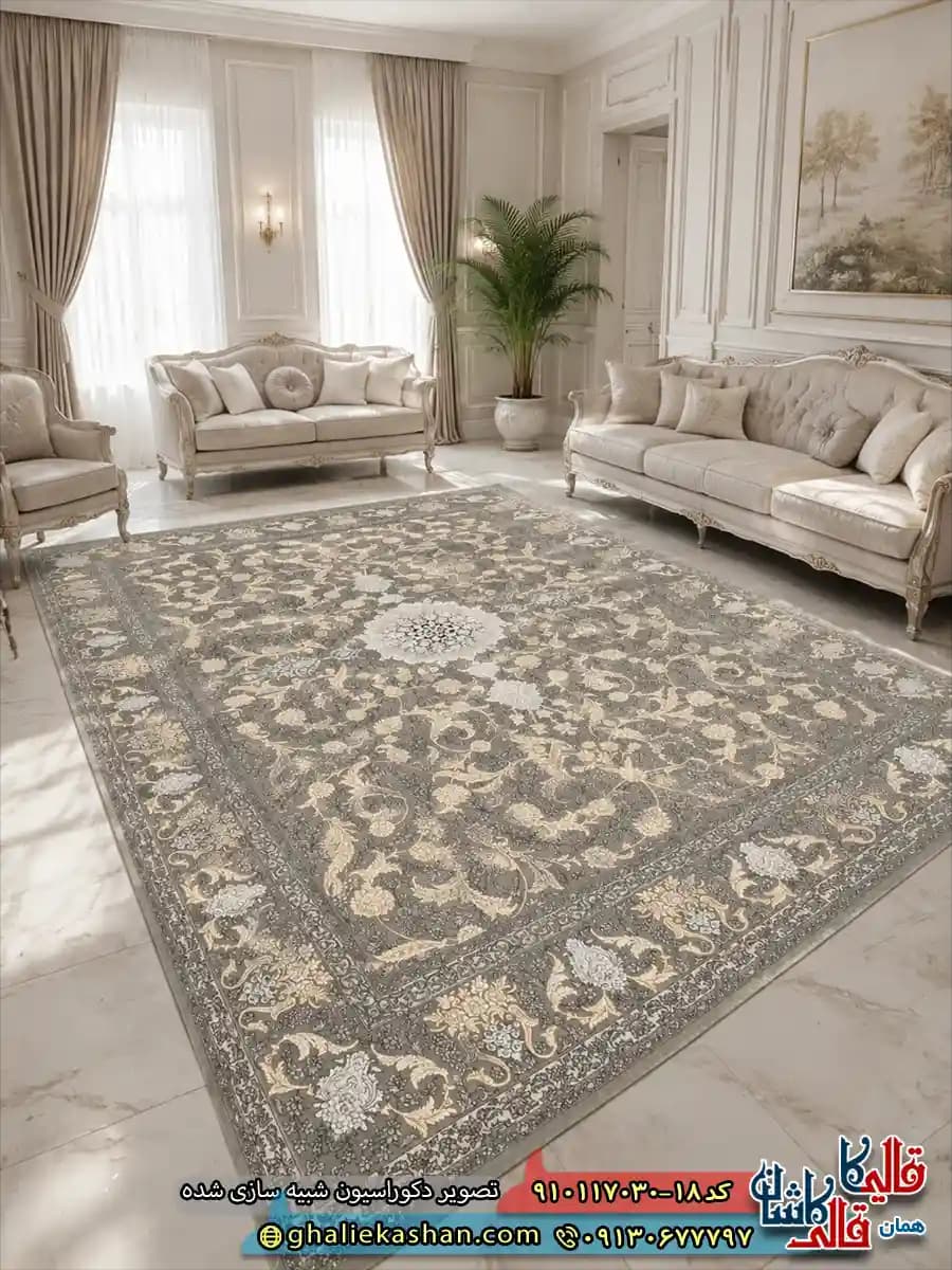 فرش طلاکوب 700 شانه طرح سلطنت رنگ قهوه ای نسکافه ای گل برجسته کاشان