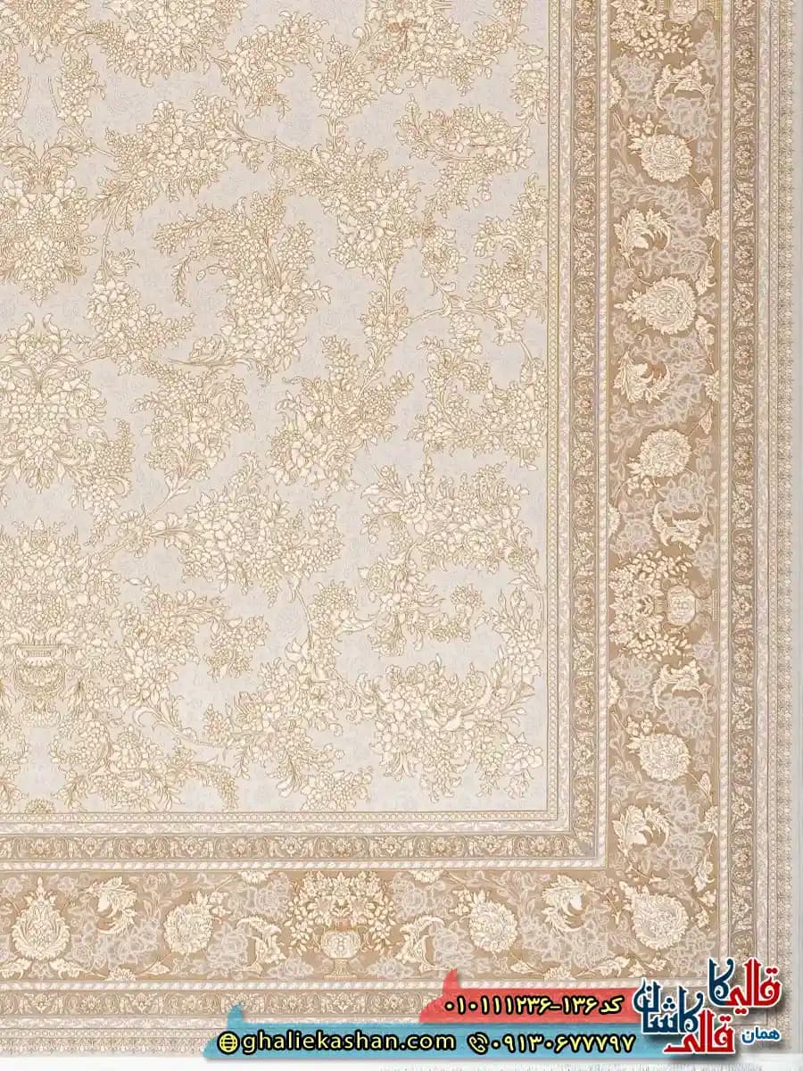 فرش 1200 شانه طرح افشان رزالیند زمینه طوسی نقره ای عاجی گل برجسته کاشان — تصویر ۴