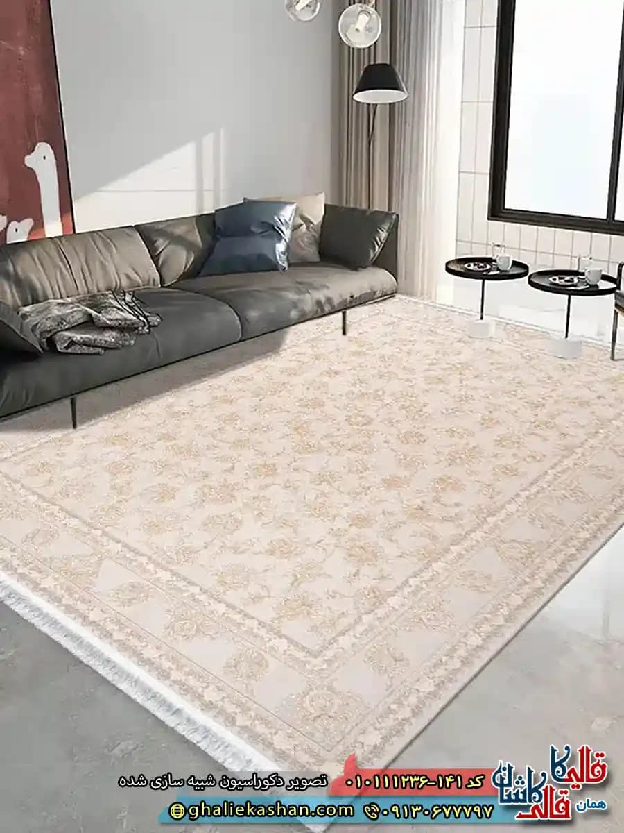 فرش 1200 شانه طرح افشان آوالون زمینه طوسی نقره ای عاجی گل برجسته کاشان