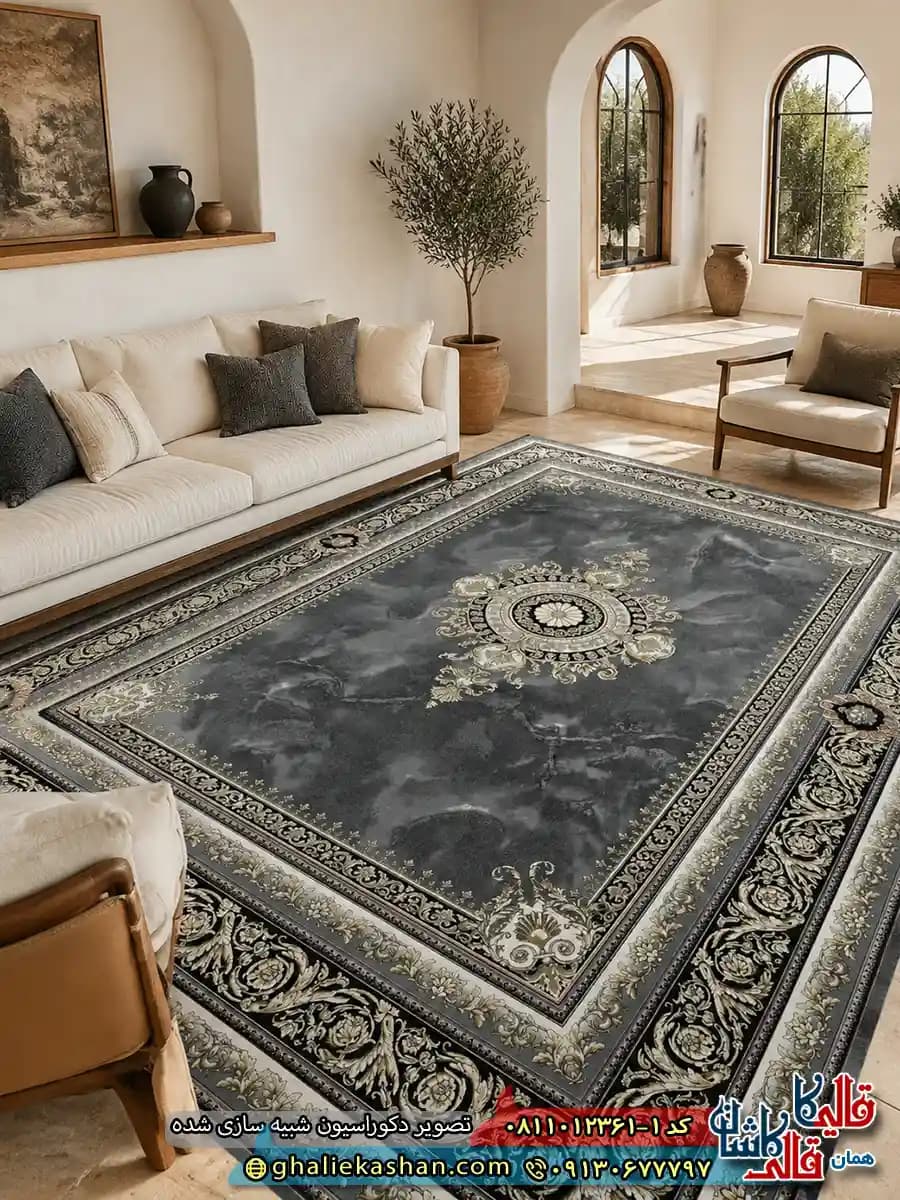 فرش طلاکوب کلاسیک 1200 شانه طرح ژیوا ورساچه رنگ طوسی کاشان