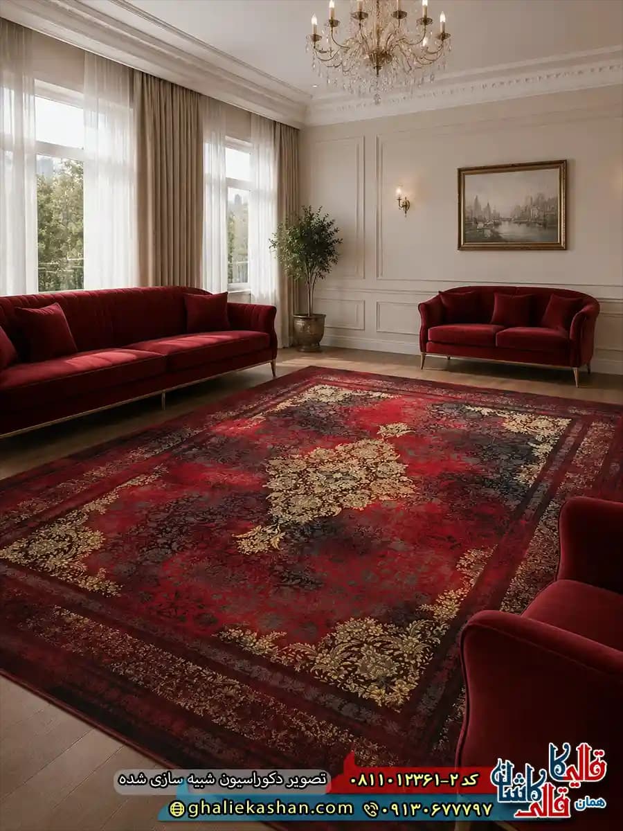 فرش طلاکوب کلاسیک 1200 شانه طرح دلوین رنگ قرمز لاکی کاشان